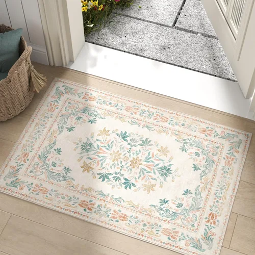 Vista 143 de jinchan Fiora - Alfombra lavable de área pequeña, alfombra de entrada floral de medio círculo de 2 x 3, tapete de media luna de pelo bajo, suave