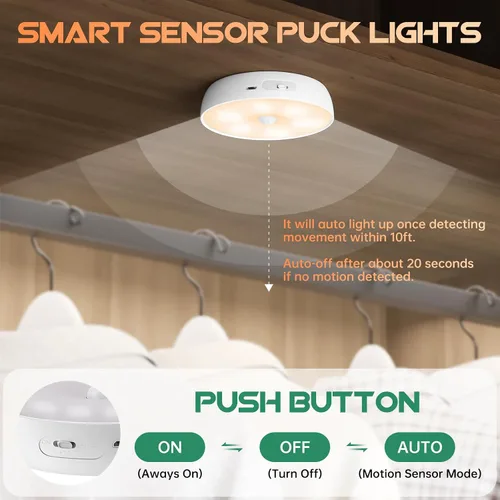 Vista 6 de Luces LED de color cálido para armario, luz de disco con sensor de movimiento, luces de paso de disco recargables por USB, iluminación regulable