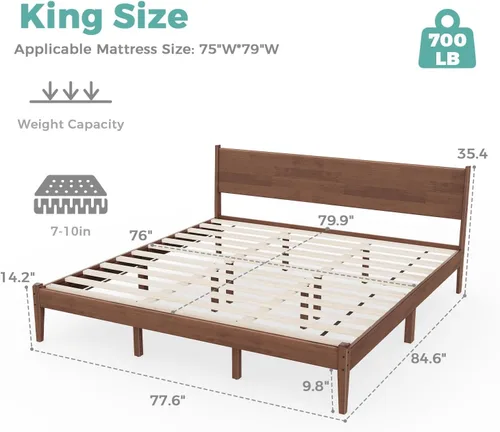 Vista 2 de Base de cama King y cabecero, marco de cama de plataforma de mediados de siglo, marco de cama King de roble malayo con patas de soporte ajustables
