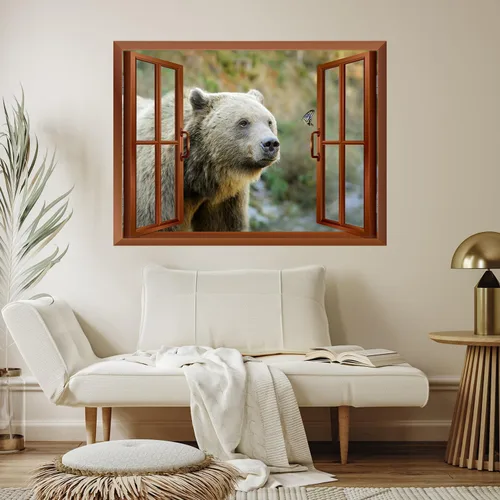 Vista 3 de wall26 Adhesivo decorativo para pared, diseño de oso y mariposa fuera de una ventana abierta, no se pega ni se pega, papel tapiz no tejido
