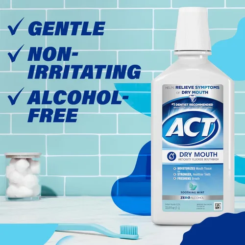 Vista 11 de ACT Enjuague bucal anticaries cero alcohol con fluoruro para boca seca, menta calmante, 33.8 fl. oz.