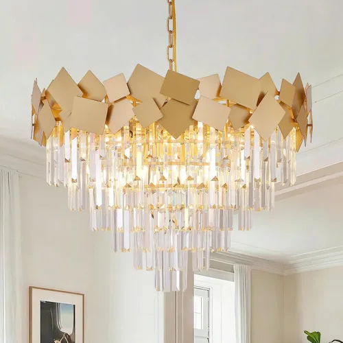 Vista 11 de A AXILIXI Candelabros de cristal dorado de 16 pulgadas, lámpara colgante de techo moderna para comedor, regulable, pequeño, 3 niveles, montaje