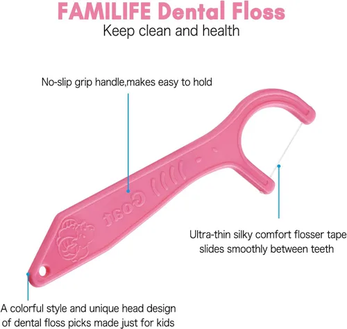 Vista 3 de Picos de hilo dental, FAMILIFE - Hilo dental para niños, hilo dental para niños pequeños, sin cera, sin sabor, sin flúor, para niños, con estuches