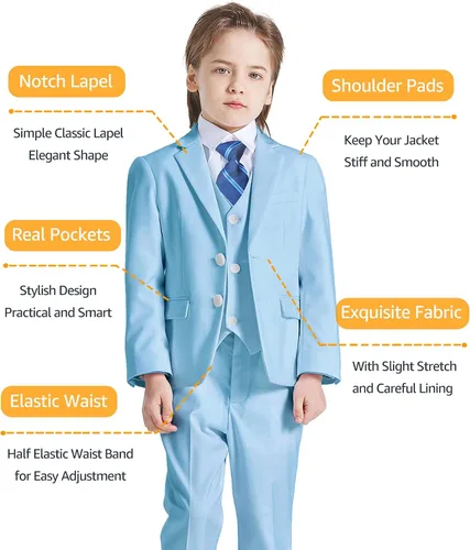 Vista 5 de YND Conjunto de traje ajustado de 5 piezas para niños, ropa formal sólida de chaqueta, chaleco, pantalones, camisa y corbata