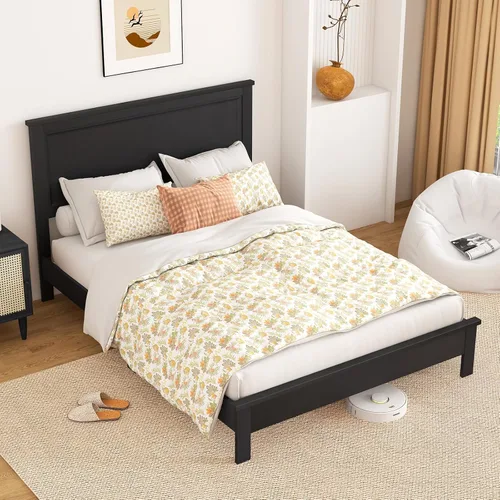 Vista 14 de KOMFOTT Armazón de Cama de Plataforma de Madera Tamaño Twin con Cabecero, Cama de Plataforma de Madera de Mediados del Siglo con Soporte de Listones