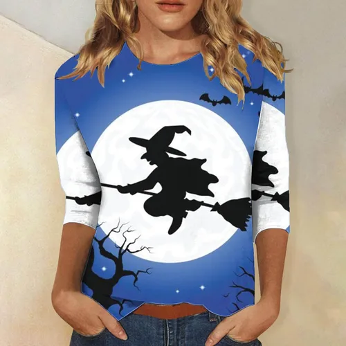 Vista 2 de 34 Sleeve Halloween Shirts for Women Cute Round Neck T-Shirt Tops Loose Graphic Tee 2023 Fashion Fall Clothes