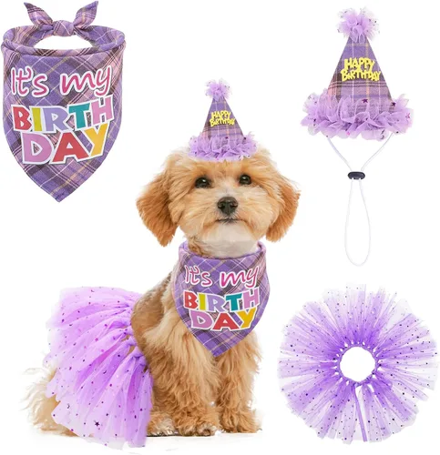 Vista 29 de SCENEREAL Suministros para fiesta de cumpleaños para perros, bandana de cumpleaños para perro, juego de collar de pajarita con números de Niño azul