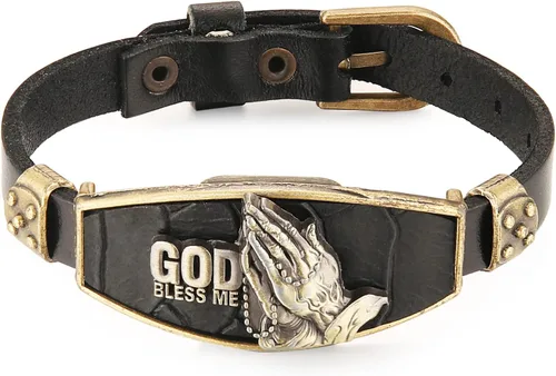Vista 2 de STWTR Pulsera de cuero de aleación punk para hombre, pulsera de personalidad de moda ajustable negra (Dios me bendiga)