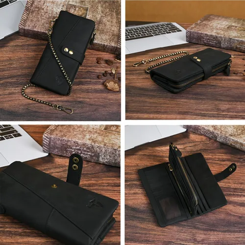 Vista 92 de Genuino Caballo Loco Cuero Regalo de Viaje Moneda Bolsillo Tarjetero Organizador Largo Cadena Rfid Cartera Monedero Con Broche Para Hombres Hombres
