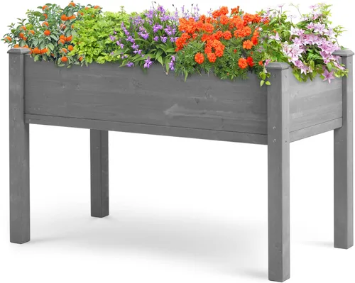 Vista 10 de Cama de jardín elevada con patas (31 x 16 x 31 pulgadas), maceta elevada de madera maciza para exteriores
