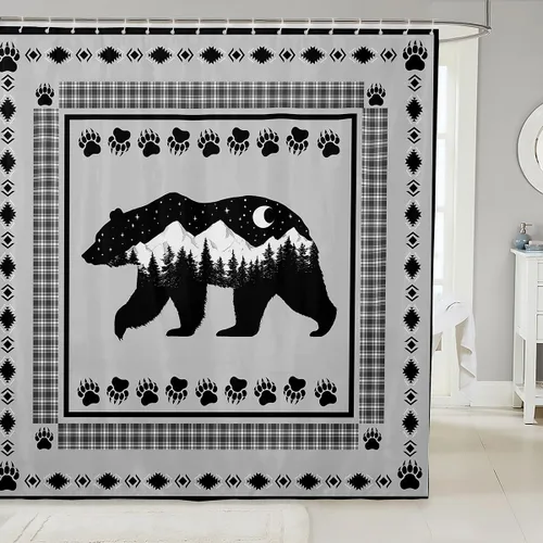 Vista 9 de Manfei Cortinas de ducha con diseño de oso de ciervo para niños, conos de pinos, cuernos de pata de animal, cortinas de baño impermeables con 12