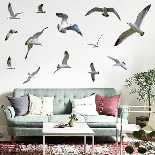 Vista 4 de Calcomanías de pared de gaviota removibles 3D, decoración artística, temática de playa, rebaño, pájaros, calcomanías de pared autoadhesivas