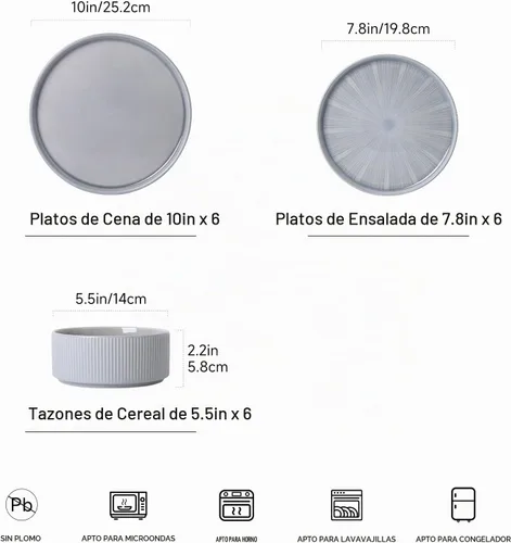 Vista 2 de Juego de vajillas, platos y cuencos de cerámica de 18 piezas para 6 piezas de gres resistente a las virutas con tecnología avanzada de impresión