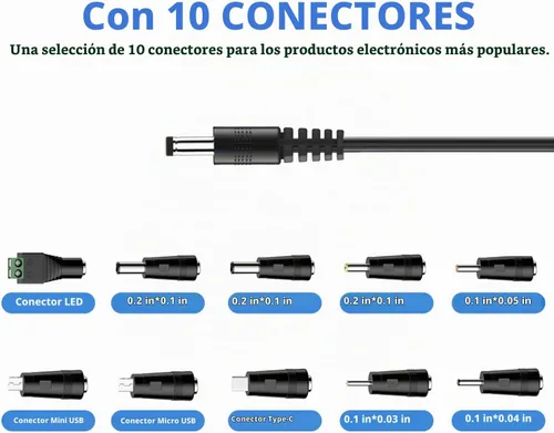 Vista 2 de Adaptador de cable de alimentación CC de 5 V 1 A con 10 conectores, cargador universal de CA/CC para cámaras de seguridad, monitores de bebé, cajas