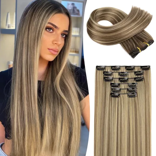 Vista 12 de LONAI 6 extensiones de cabello con clip, 24 pulgadas de largo, lacio, sintético, postizo para mujer, rubio ceniza natural
