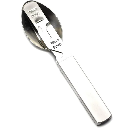 Vista 2 de Juego de cubiertos alemanes 4 piezas Utensilios de comer estilo militar cuchara tenedor cuchillo kit cubiertos multiherramienta camping botella