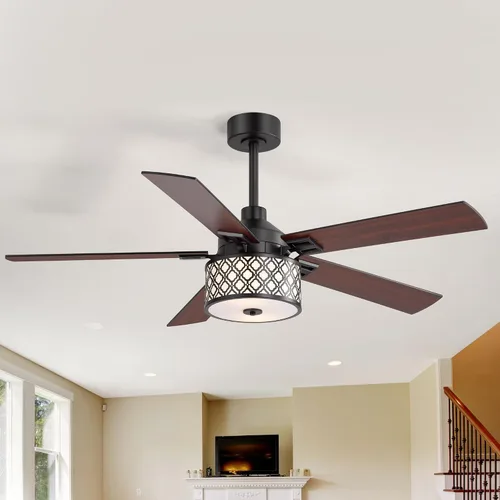 Vista 9 de 52" Farmhouse Ceiling Fans with Lights and Remote, 6-Speed Reversible DC Motor, Double-Sided 5 Blades, Timer, Indoor Ceiling Fan with Caged