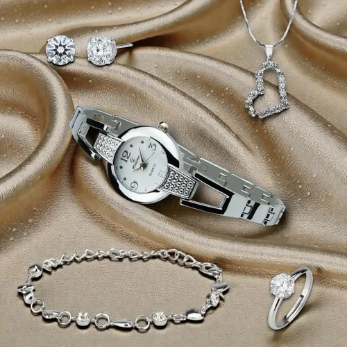 Vista 5 de BELLOS Set de regalo Reloj de mujer Plata- Conjunto de joyería- Collar-Anillo- Pendientes