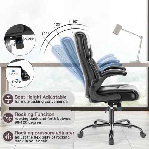 Vista 4 de OLIXIS Silla de escritorio de cuero PU, silla de oficina ergonómica, reposabrazos abatibles Negro