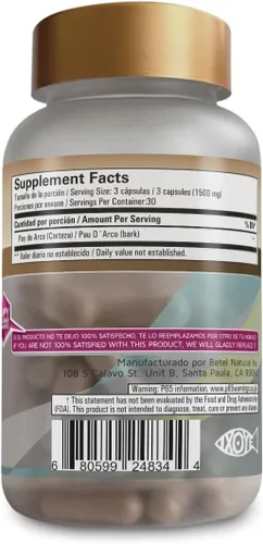 Vista 2 de Betel Natural PAU de Arco Cápsulas de apoyo inmunológico saludable - 1500 mg por porción