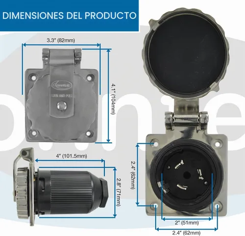 Vista 5 de Conntek 50 Amp 125/250 Volt RV Marine Power Entrada - Acero Inoxidable