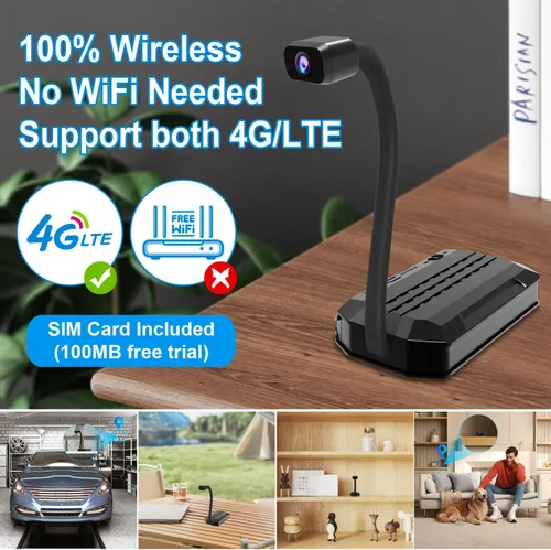 Vista 2 de Cámara espía de seguridad 4G LTE sin WiFi con tarjeta SIM incluida, mini cámara portátil 4K HD con cuello de cisne flexible