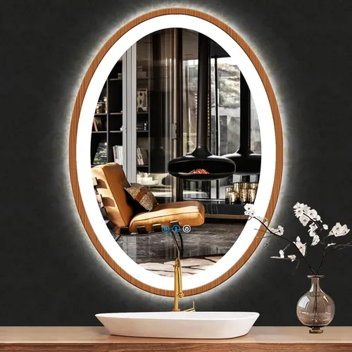 Vista 8 de Espejo de madera ovalado LED de 20 x 30 pulgadas con marco de madera clara, espejo de tocador iluminado ovalado con luces para baño, memoria 30 x 20