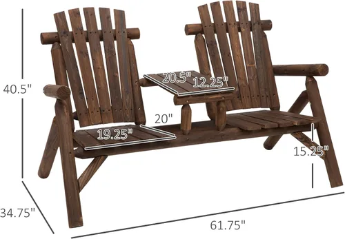 Vista 2 de Silla Adirondack de madera de 2 asientos, juego de sillas para exteriores con mesa auxiliar central, silla Adirondack de dos plazas al aire libre