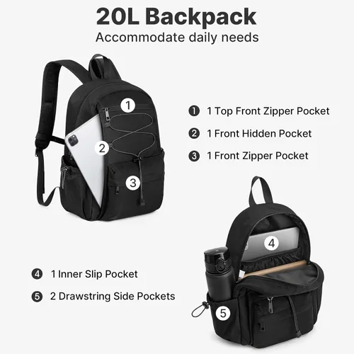Vista 4 de G4Free Mochila pequeña de 20L para mujer y hombre Negro