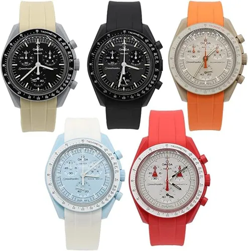 Vista 3 de Correa de reloj Omega Speedmaster Swatch de repuesto de silicona de metal plateado premium