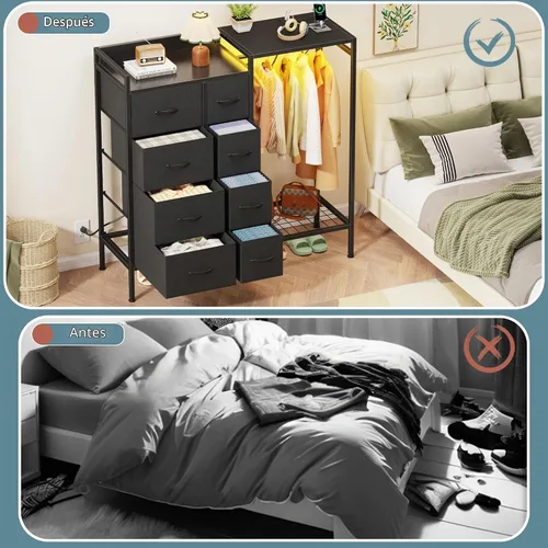 Vista 3 de HIGDBFE Cómoda con estante para colgar, cómoda de 8 cajones para dormitorio con estación de carga y luces LED, cómoda de tela con zapatero, cómoda