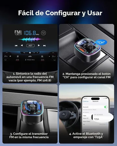 Vista 9 de LENCENT Adaptador de coche Bluetooth 5.4 Transmisor FM 54W Carga rápida