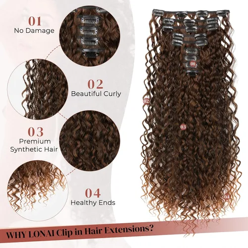 Vista 3 de LONAI Extensión de Cabello, 9 piezas, 56 cm de largo, castaño, extensiones de cabello rizadas con pinza, LN002, extensiones de cabello sintético