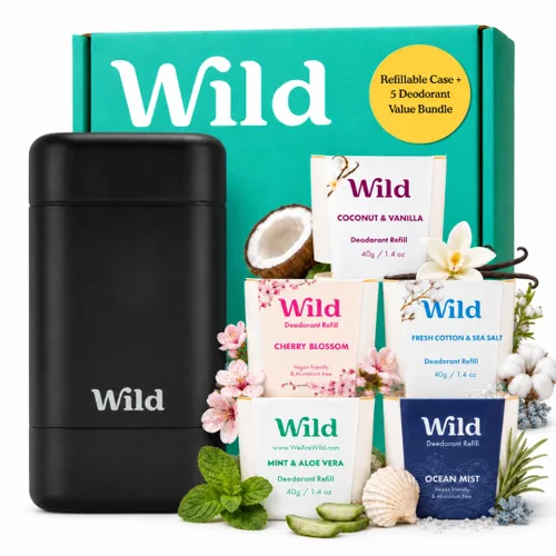 Vista 14 de Wild - Kit de inicio recargable de desodorante con estuche de agua y recarga perfumada de pomelo rosa y lima 1.4oz - Sin aluminio - Protección