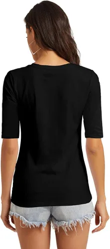 Vista 5 de Camiseta básica de media manga con cuello redondo para mujer, casual, color liso, de algodón