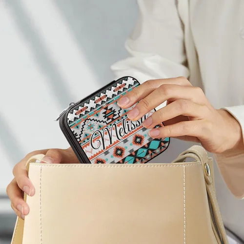 Vista 7 de Joyero de viaje personalizado con patrón azteca, de piel sintética, caja de joyería portátil personalizada, organizador de joyas de viaje, pequeña