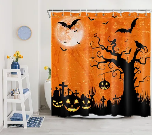 Vista 11 de LB Halloween Shower Curtain Horror Pumpkin Lights with Dead Tree Bat Crow on Blue Background Bathroom Shower Curtain Full Moon Bathroom Decor with