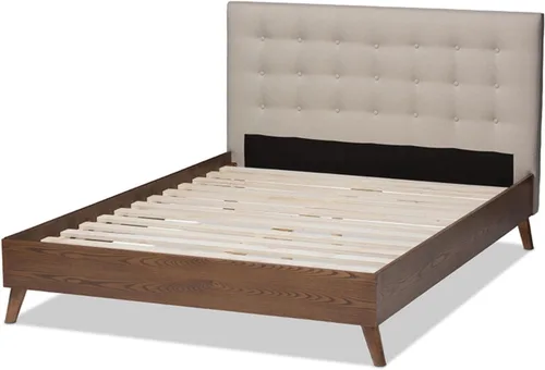 Vista 5 de Baxton Studio Alinia Mid-Century - Cama de plataforma tapizada de madera de nogal, tamaño King, color beige claro
