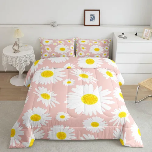 Vista 11 de Erosebridal Juego de edredón de abeja de dibujos animados, tamaño individual, juego de ropa de cama floral de margarita blanca lisa para niños