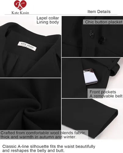 Vista 7 de Kate Kasin Abrigo de vestir para mujer, con cinturón, solapa con muesca y cinturón, gabardina para otoño e invierno