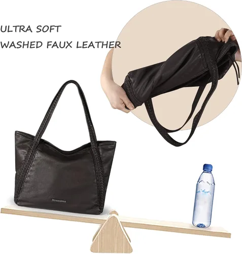 Vista 4 de Montana West Stone Washed Leather Hobo Purses for Women Soft Top Handle Shoulder Bag with Wallet 2PCS Set