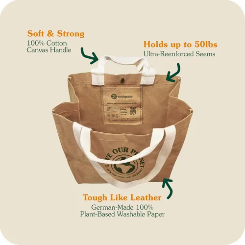 Vista 6 de Reusable Grocery Bag – Large Sustainable Washable Paper Tote with Reinforced Seams. Foldable and Durable.