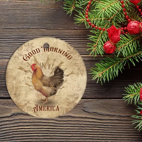 Vista 2 de Good Morning America Rooster Christmas Ceramic Ornament Country Life Good Morning Cock Chicken Rooster Holiday Present Personalized Christmas