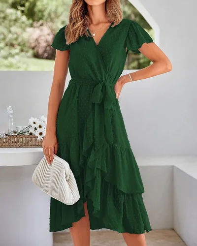 Vista 3 de BTFBM Vestido bohemio casual para mujer, cuello en V, manga corta, gasa, lunares suizos, cinturón y volantes, vestido envolvente para invitadas
