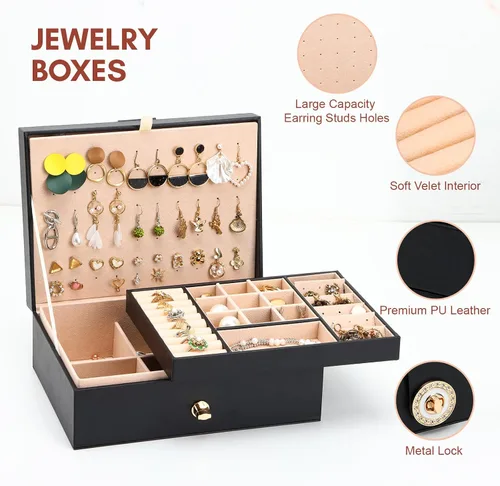 Vista 3 de Fixwal Joyero de aretes para mujeres, niñas y hombres, caja organizadora de joyas negra, caja organizadora de aretes de cuero, caja de aretes