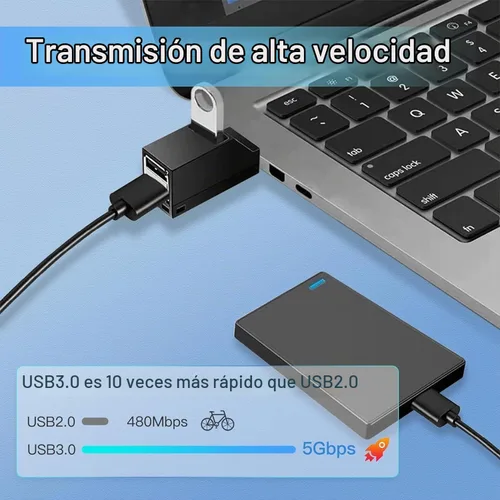 Vista 4 de Concentrador USB, divisor USB 3.0, extensor USB de 3 puertos, adaptador USB multipuerto, bus Plug and Play de alta velocidad alimentado