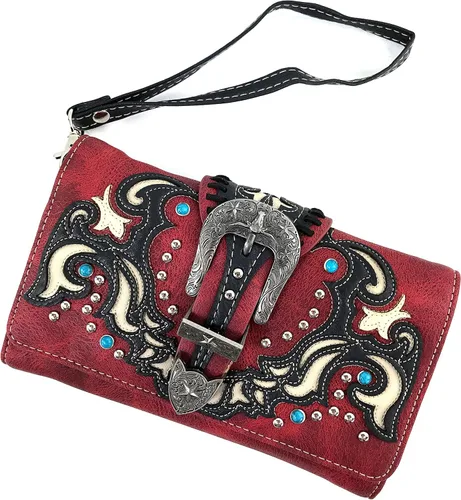 Vista 2 de Zelris Western Texas Longhorn hebilla mujeres Crossbody muñeca Trifold cartera