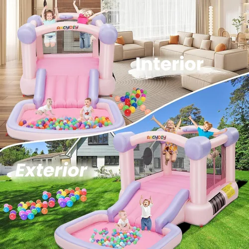 Vista 5 de AKEYDIY Pastel Dream Casa de Rebote para Niños de 3-10, Casa de Rebote de Agua de 161x82x63 pulgadas con Tobogán, Piscina de Pelotas/Foso