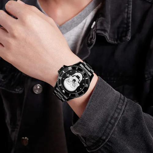 Vista 4 de Relojes de calavera para hombre, esqueleto 3D, bisel unidireccional, 30M, relojes de pulsera de cuarzo impermeables