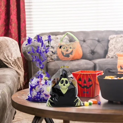 Vista 6 de 150 bolsas de golosinas de Halloween, bolsas de celofán de Halloween con lazos giratorios para suministros de fiesta de Halloween